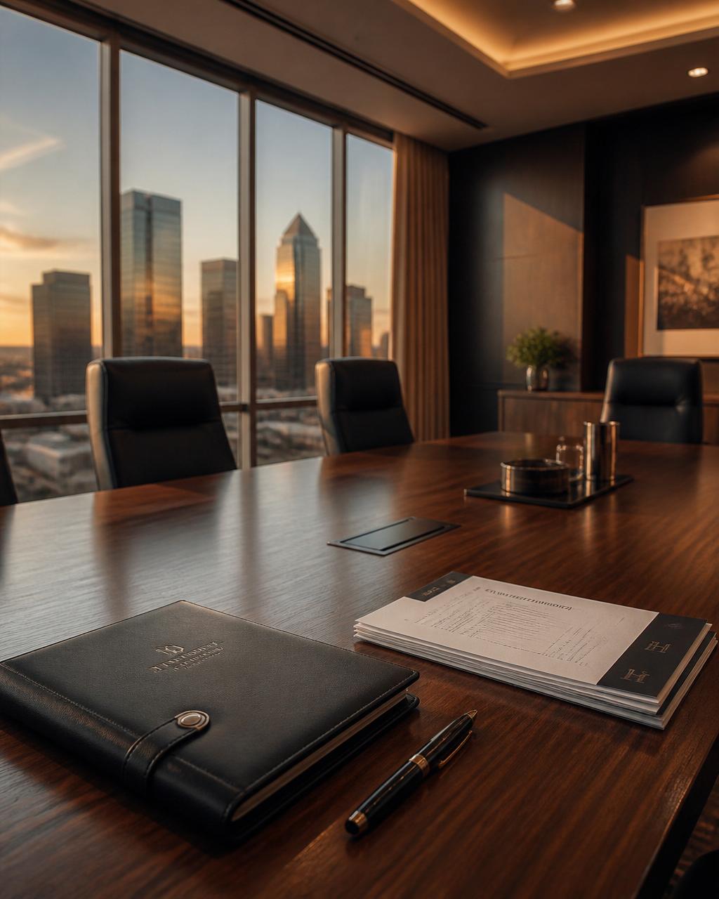 Sala de reunião executiva com vista para skyline corporativa ao entardecer